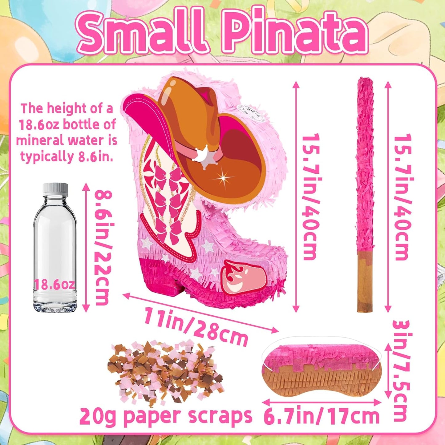 Pink Cowgirl Boot Piñata Set with Bat and Blindfold, 15.7 x 11 in Western Cowgirl Birthday Party Decorations, Girls Theme Party Piñata for Candy & Treats