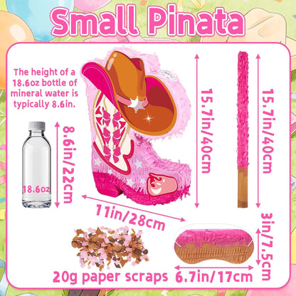 Pink Cowgirl Boot Piñata Set with Bat and Blindfold, 15.7 x 11 in Western Cowgirl Birthday Party Decorations, Girls Theme Party Piñata for Candy & Treats