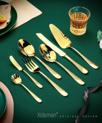 Xideman® 7-Piece Hammered 18/10 Stainless Steel Silverware Serving Utensil Set - Hostess Flatware with Cake Knife & Cake Server (Champagne Gold)