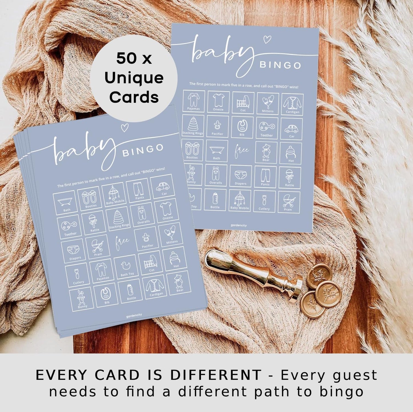 GardenCity Baby Shower Bingo Game for Boy or Girl, Pre-Filled Fun Baby Shower Activity, 50 Cards, Blue