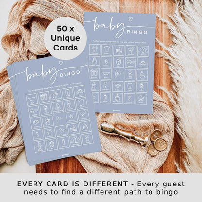 GardenCity Baby Shower Bingo Game for Boy or Girl, Pre-Filled Fun Baby Shower Activity, 50 Cards, Blue