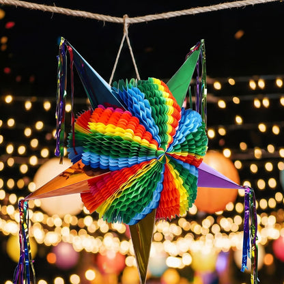 32 Inch Large Star Piñata Set with Stick Blindfold Confetti Foldable Mexican Fiesta Piñata Rainbow Honeycomb Decorations for Cinco De Mayo Birthday Party Carnival Taco Tuesday
