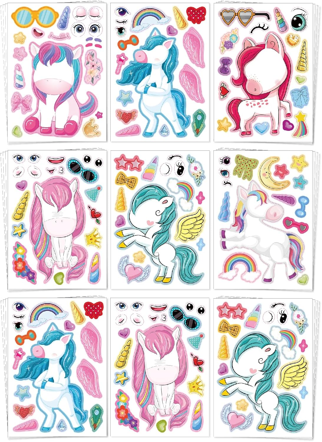 Aowplc 36 Pcs Make-A-Face Sticker Sheets Kids Party Favors Mix and Match Stickers with Dinosaurs, Mermaids, Unicorns, Horses, Farm & Sea Animals for Parties, Birthdays, Classroom Activities & Crafts