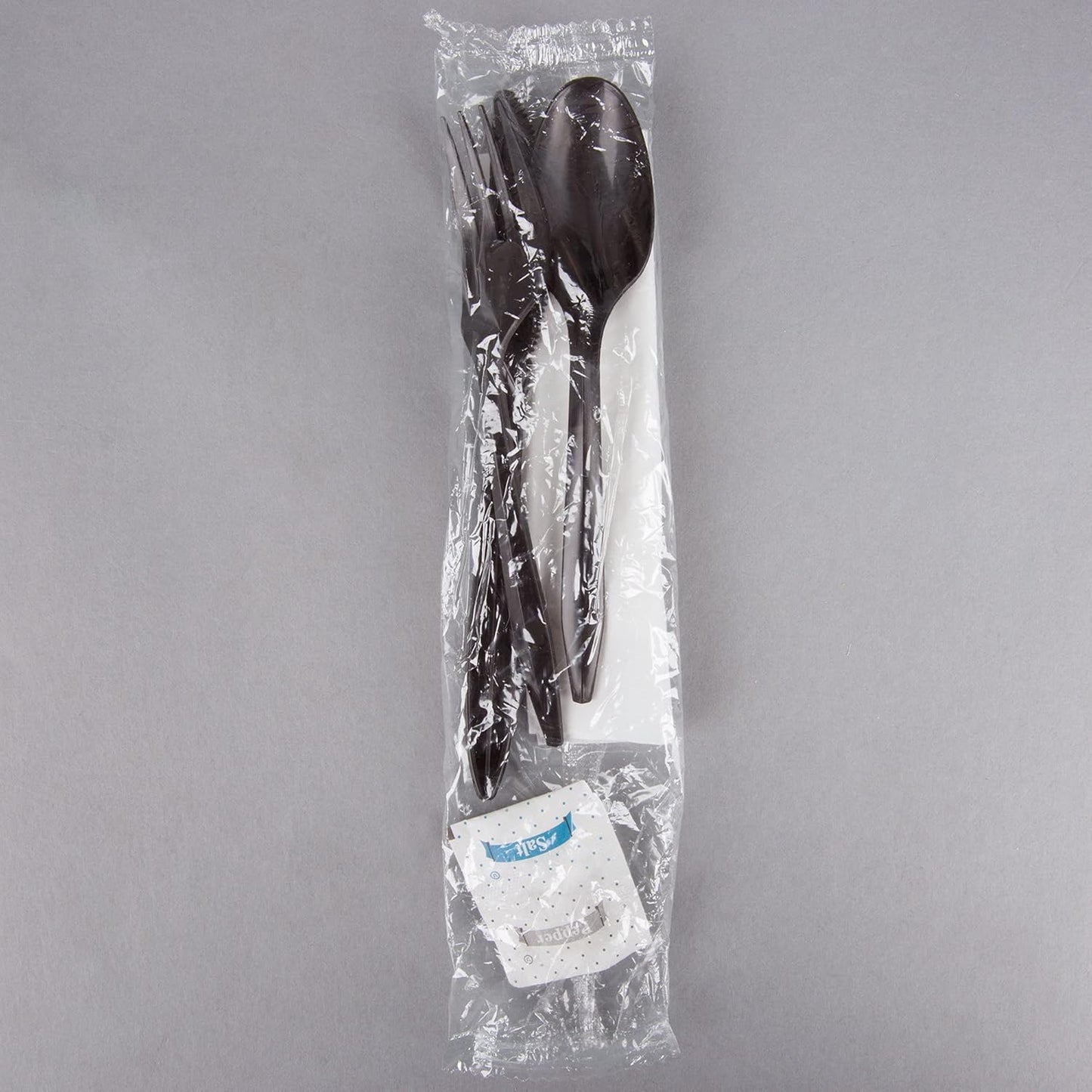 KitchenDine 100 Pack Medium Weight Wrapped white Plastic Cutlery Pack with Napkin and Salt/Pepper Packets (White)