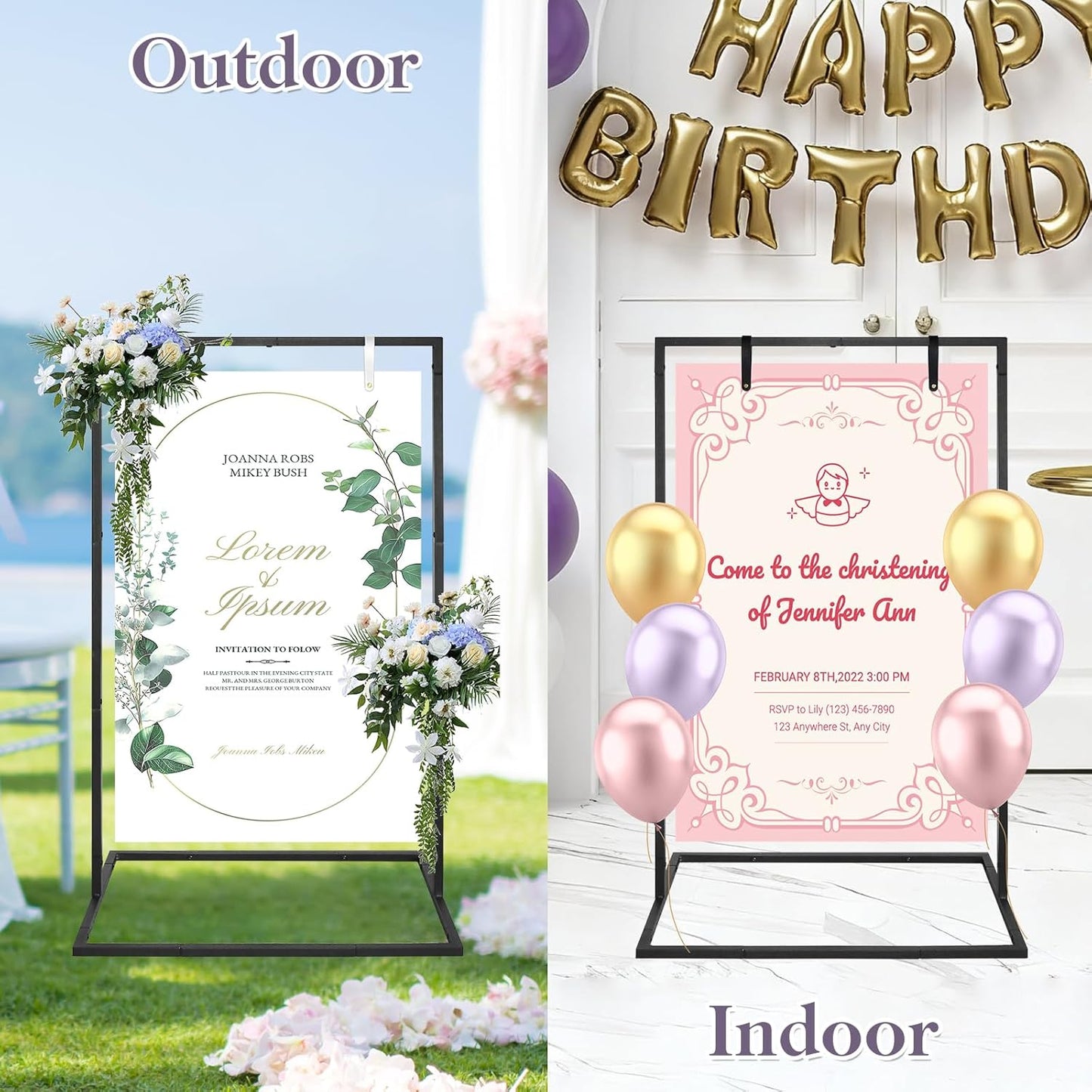 AZEAM Wedding Welcome Sign Stand with 4 Leather Straps for Hanging, 50"x30"x20" Metal Black Wedding Easel Stand for Welcome Sign, Seating Chart Holder for Outside Baby Shower Party Restaurant Poster