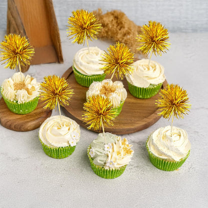 Ephlyn 30Pcs Foil Firework Cupcake Toppers Sparkle Tinsel Cupcake Picks Drink Stirrers Cocktail Food Fruit Toothpicks for Baby Shower Graduation Party Supplies White