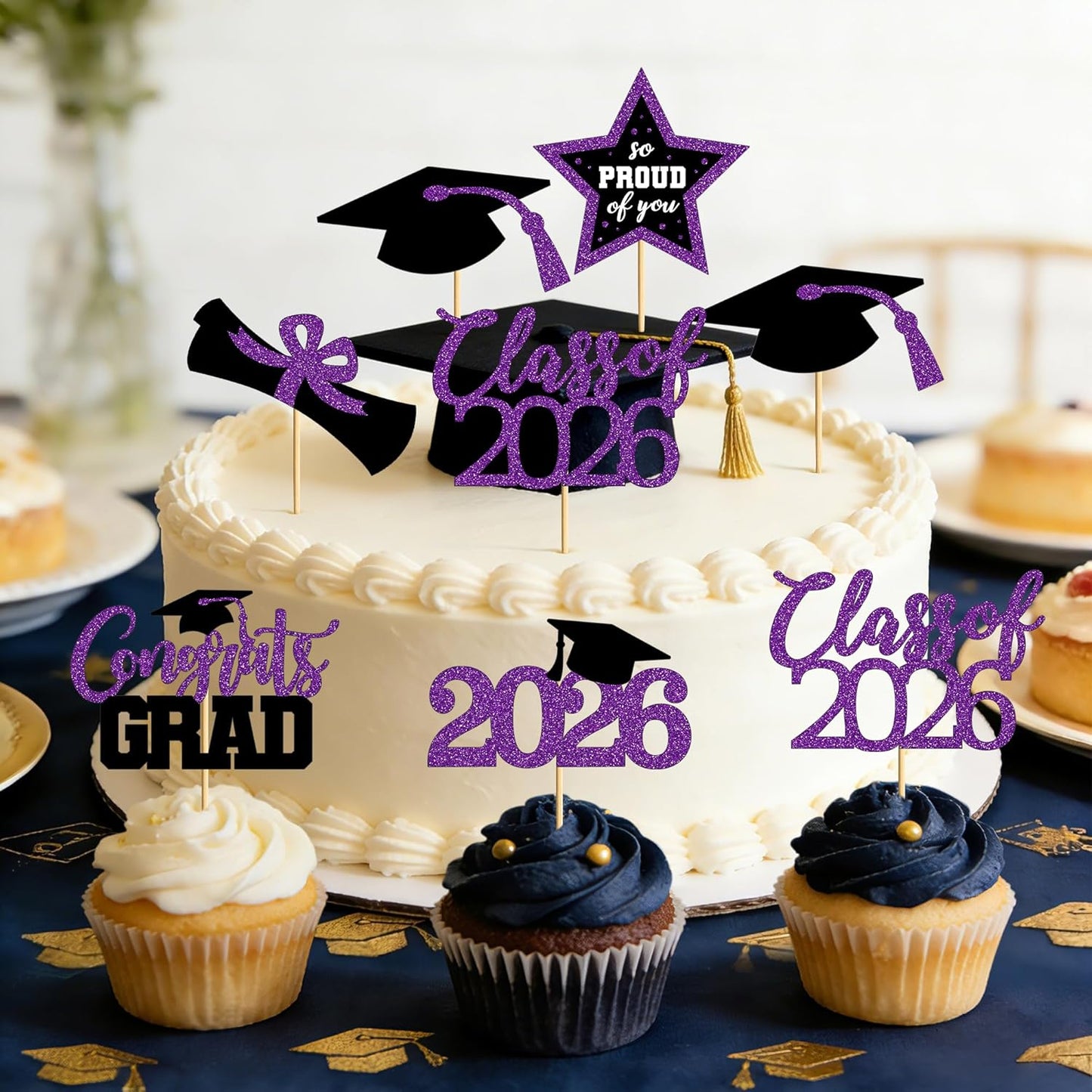 48 PCS Graduation Cupcake Toppers, Glittery 6 Styles Congrats Grad Cake Topper, Black and Red Graduation Decorations 2026, Cap and Diploma Cake Picks for Grad Party Supplies