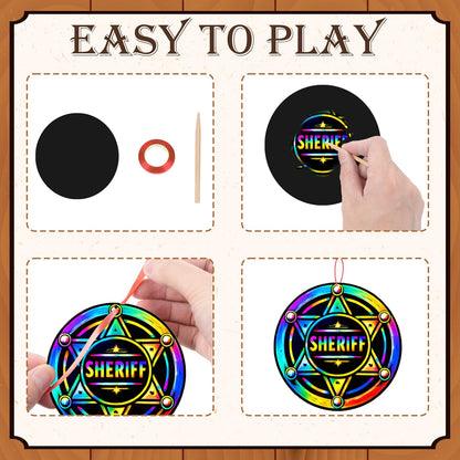 90shine 90 Pcs Western Cowboy Scratch Craft - DIY Rainbow Paper Cards Art Kit with Wooden Stylus for Rodeo Classroom Birthday Party Favors