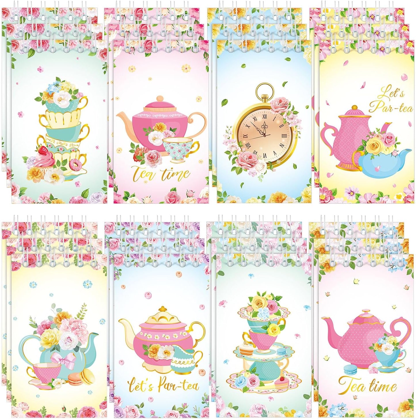 Faccito 24 Pcs Mini Tea Notebook Floral Tea Mini Notepad Party Favors Teapot Party Small Spiral Pocket Notebooks Floral Teapot Time Notepad Memo Spiral Notebooks for Birthday Classroom Reward Supplies