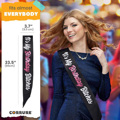 CORRURE 'It's My Birthday Bitches' Birthday Sash with Pink Foil - Soft Black Satin Sash for Women and Men - Happy Birthday Sash for Girls, Sweet 16, 18th 21st 25th 30th 40th 50th or Any Other Bday