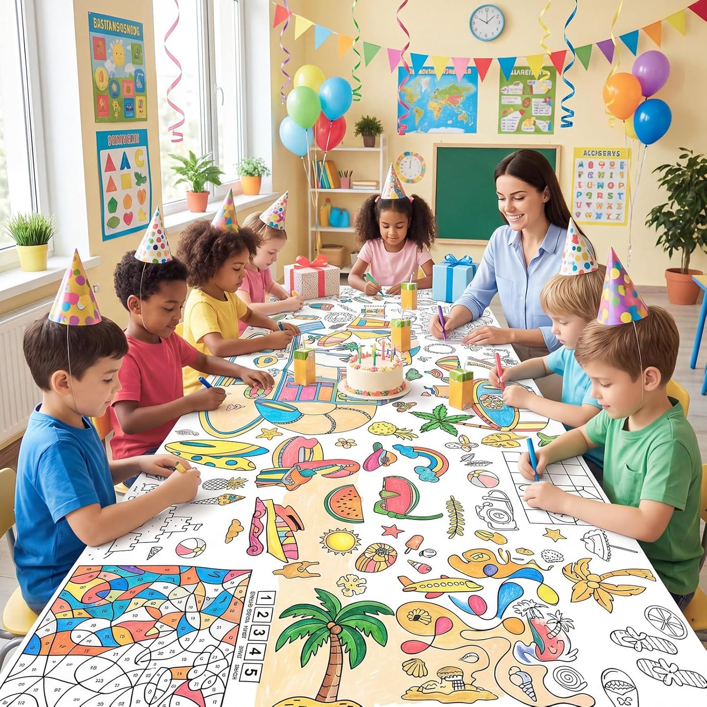 Happy Birthday Giant Coloring Poster/Tablecloth, 30 x 72 Inch Birthday Craft for Kids Art Crafts Paper Banner Kid Games Activities,Coloring Tablecloth Crafts for Classroom Wall School Home Parties