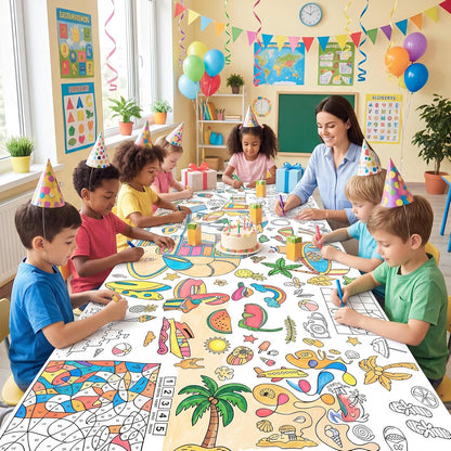 Happy Birthday Giant Coloring Poster/Tablecloth, 30 x 72 Inch Birthday Craft for Kids Art Crafts Paper Banner Kid Games Activities,Coloring Tablecloth Crafts for Classroom Wall School Home Parties