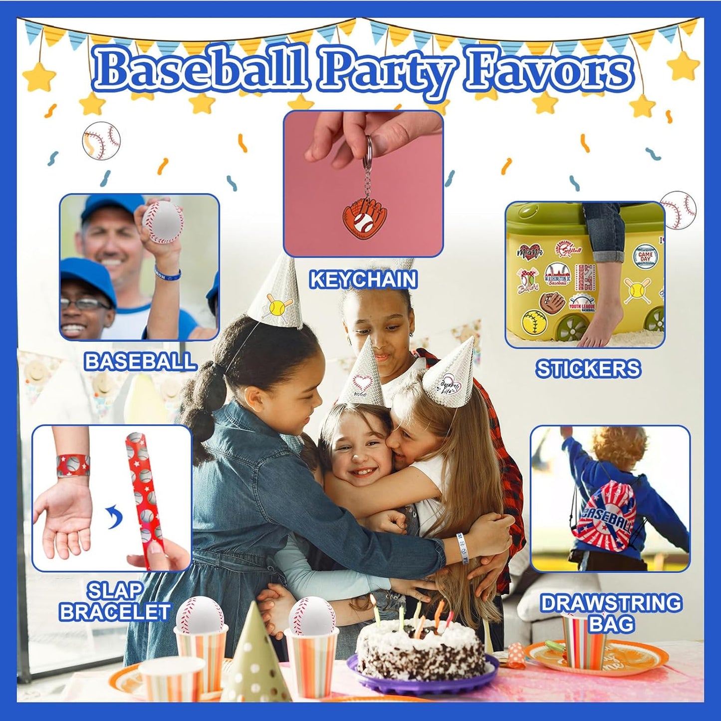 110Pcs Baseball Party Favors Drawstring Bags Baseball Goodie Bag with Mini Ball, Wristband, Slap bracelets, Keychains, Stickers for Baseball Party Supplies