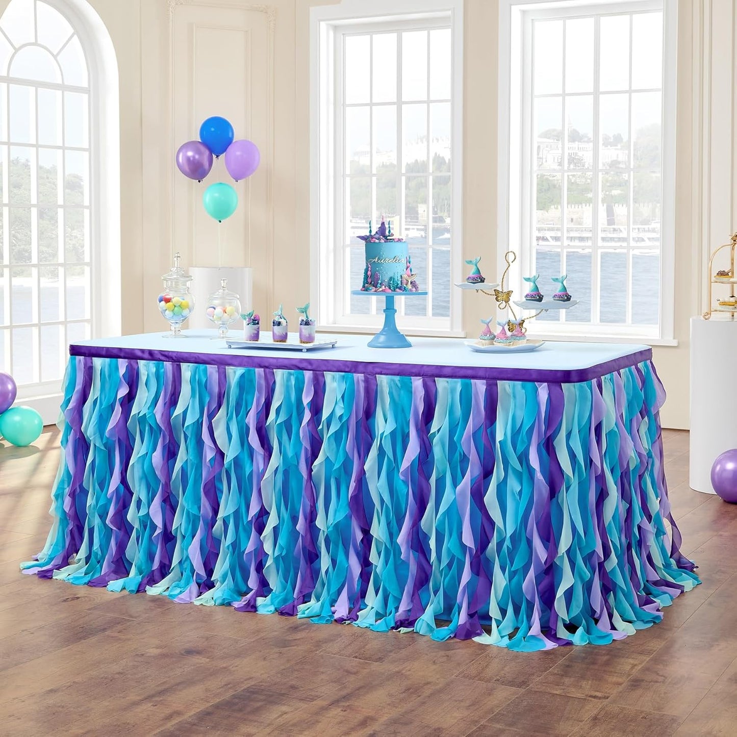 leegleri 6FT Tulle Ruffle Curly Willow Table Skirt for Rectangle or Round Tables, Under The Sea Ocean Blue Baby Shark Themed Tutu Table Skirt for Baby Shower, Birthday Party