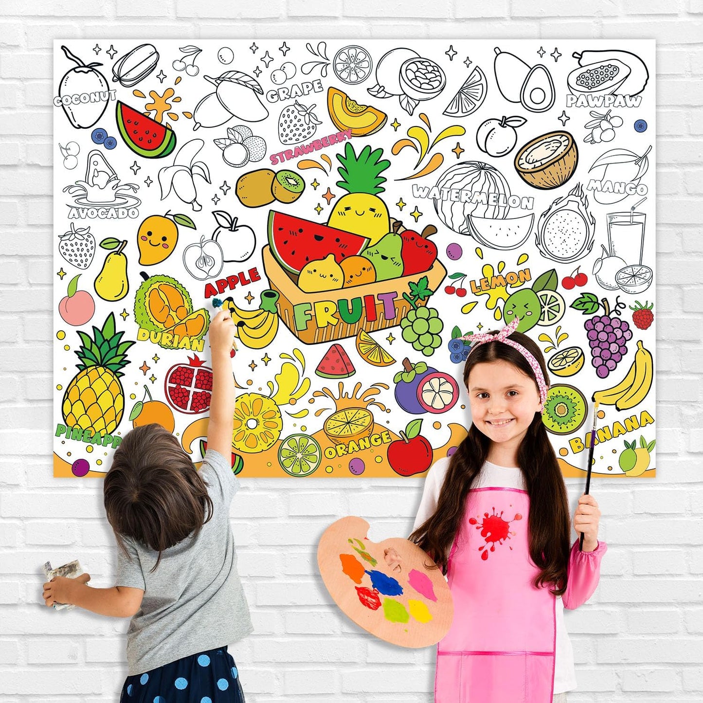 43.3x31.5 Summer Coloring Poster with Picture, Giant Cute Painting Poster, Large Coloring Tablecloth for Classroom Home Birthday Party Supplies Favor