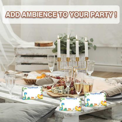 Dinosaur Table Place Cards - 25PCS Tent Cards - Tropical Dino Themed Food Lables - Name Place Cards for Table Setting - Name Cards for Birthday Party Baby Shower - Scored for Easy Folding -10