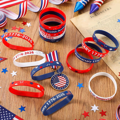 Kenning 50/100/200 Pcs 250th Anniversary Silicone Bracelets Bulk USA 4th of July Patriotic Wristband 1776-2026 American Flag Rubber Bracelet for Independence Day Party Favors Souvenirs(100 Pcs)