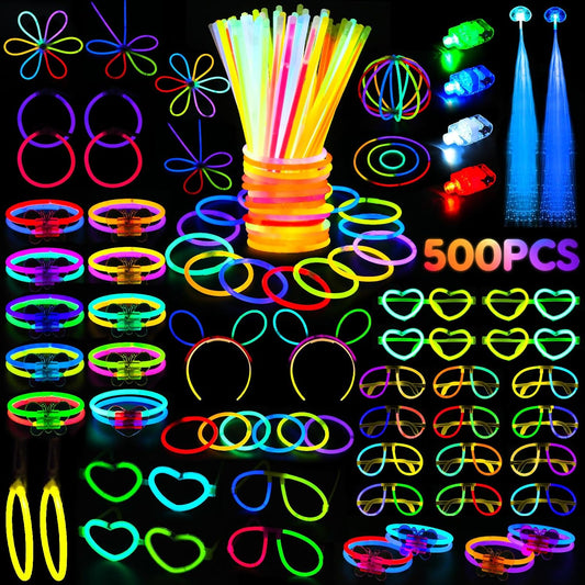 SHQDD 500 Glow Sticks Set, Glow in the Dark Party Supplies for Kids Adults - 200 Glow Sticks + 300 Accessories to DIY Bracelets/Necklaces/Glasses, Neon Party Favors for Birthday, Festivals, Concert
