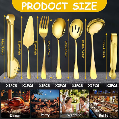 12 Pcs Gold Serving Utensils Set Include Stainless Steel Large Serving Spoons Slotted Spoons Forks Soup Ladle Pie Server - Metal Utensils for Parties Buffet Catering, Dishwasher Safe