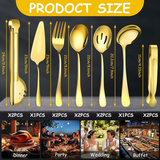 12 Pcs Gold Serving Utensils Set Include Stainless Steel Large Serving Spoons Slotted Spoons Forks Soup Ladle Pie Server - Metal Utensils for Parties Buffet Catering, Dishwasher Safe