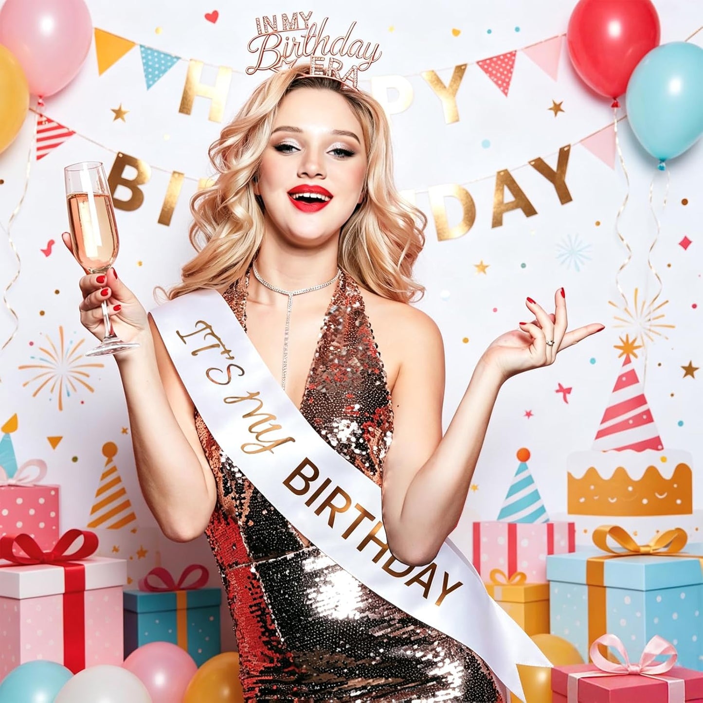 Birthday Sash and Tiara for Women – In My Birthday Era Rose Gold Rhinestone Headband, It’s My Bday Satin Sash, Classy Birthday Outfit Accessories