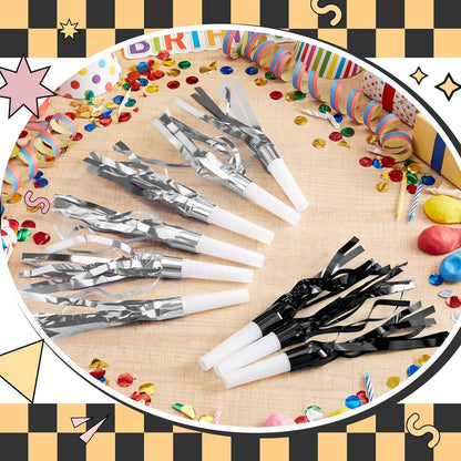Sumind 24 Pcs Gold Noise Makers Metallic Fringed Party Blowers Horns Whistles Noisemakers Party Favors for Adults Birthday Graduation Sporting Events Celebration Surprise Supplies
