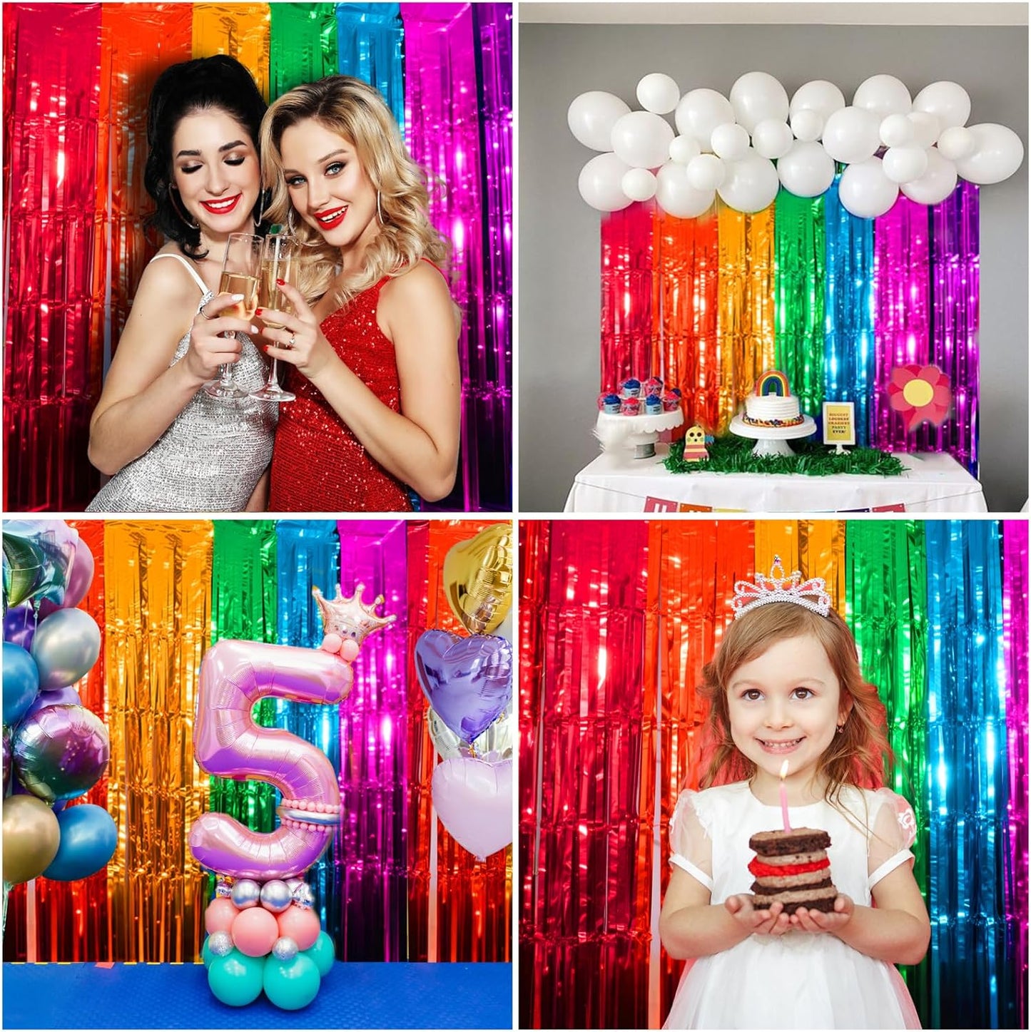 4 Packs Silver Foil Fringe Curtain, Silver Glitter Metallic Tinsel Backdrop for Birthday, Wedding, Baby Shower, Bachelorette, 70s 80s 90s Theme Disco Party, Iridescent Party Decorations Supplies