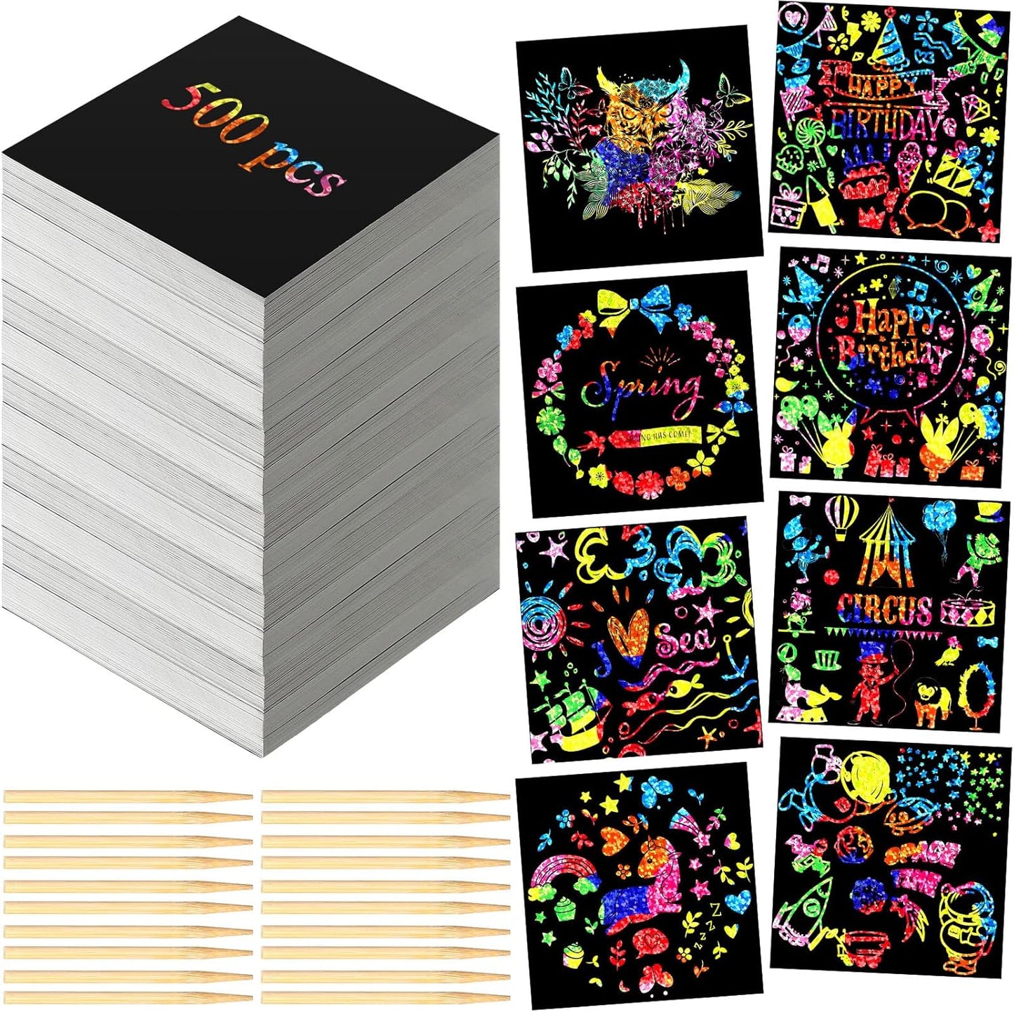 Lenwen Scratch Cards Rainbow Note Scratch Pads with 20 Bamboo Stylus for Adult Paper DIY Paper Craft Kits Birthday Party Favors Supplies(Rainbow Mix,500)