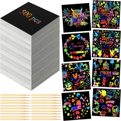 Lenwen Scratch Cards Rainbow Note Scratch Pads with 20 Bamboo Stylus for Adult Paper DIY Paper Craft Kits Birthday Party Favors Supplies(Rainbow Mix,500)