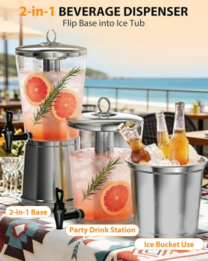 Beverage Dispenser with Stand,2 Gallon Drink Dispenser for Parties,Events,Buffet &Self-Serve,Dual Ice Tube Core Fruit Infuser,Leakproof Spigot,Clear PC Container,Stainless Steel Lid&Base