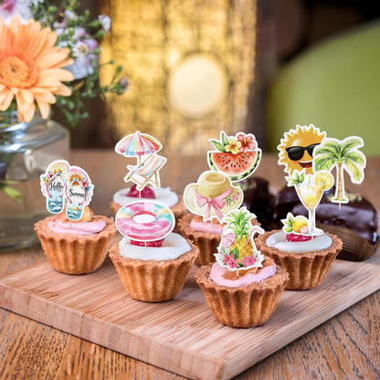 28 PCS Tropical Cupcake Toppers Glitter Leaf Pineapple Flower Palm Tree Flamingo Cupcake Picks Aloha Cake Decorations for Summer Hawaiian Luau Theme Baby Shower Birthday Wedding Party Supplies