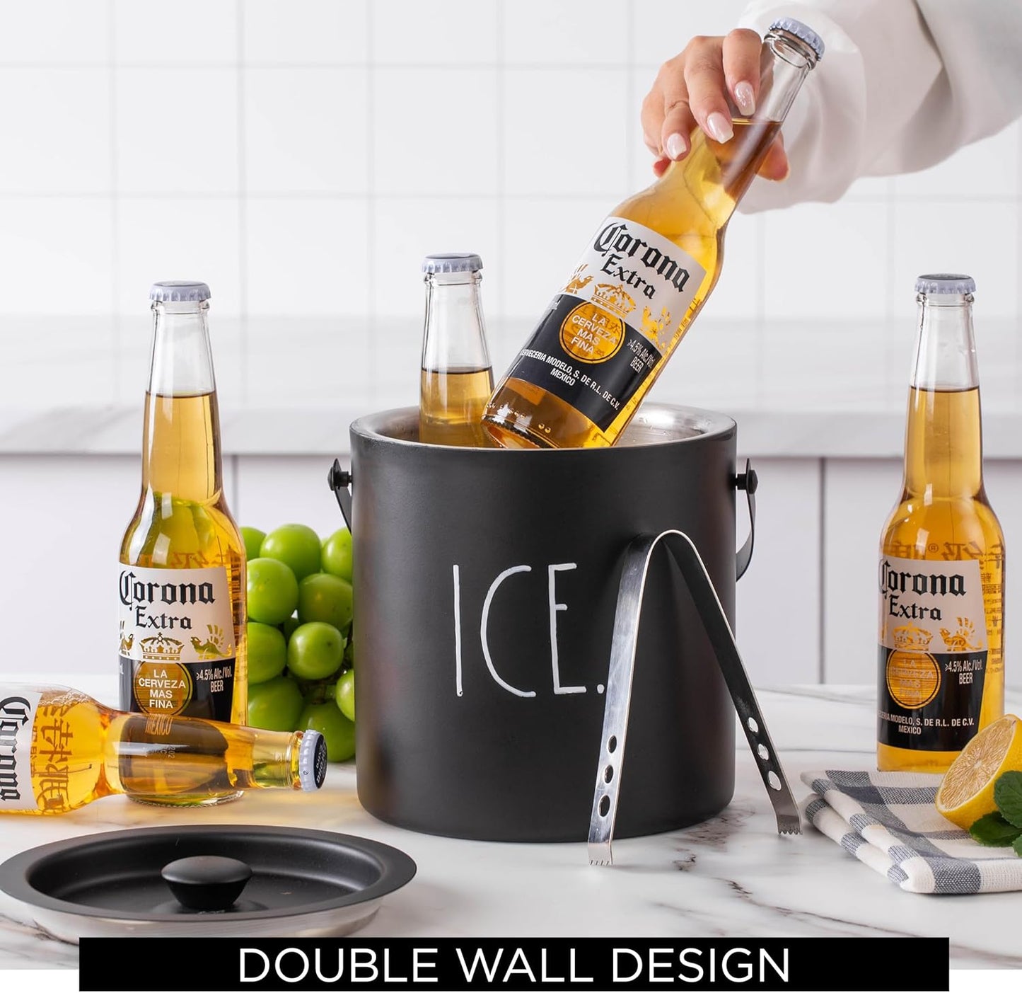 Rae Dunn Ice Bucket with Scoop - Stainless Steel Bucket with Handle, Lid and Ice Scooper - 4 Qt. Storage Bin for Ice Cubes for Bars, Parties, Backyard Barbeques, Picnics, and Camping (Sage)
