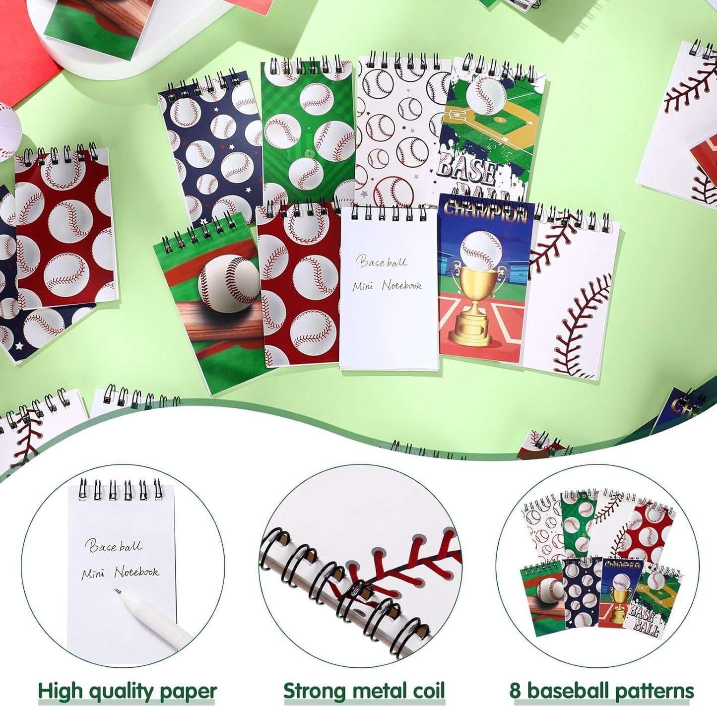 Faccito 32 Pcs Mini Notepads Sports Basketball Baseball Football Soccer Party Supplies Goodie Bag Stuffers Notepads Spiral Mini Notebooks for Reward(Baseball)