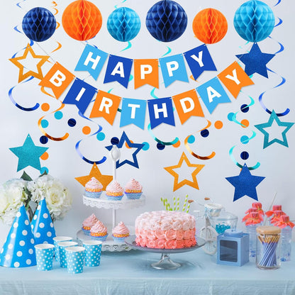 meowtastic Birthday Decorations, Happy Birthday Banner with Honeycomb Balls, Stars Hanging Swirl Streamers, Circle Dots Garland, Happy Birthday Party Decorations for Women Men Boys Girls (Blue)