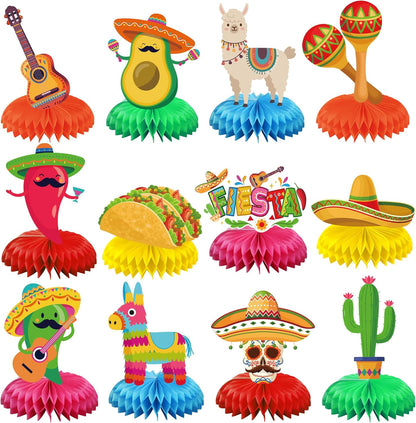 12 PCS Mexican Themed Honeycomb Centerpieces 8" Mexican Fiesta Party Table Centerpiece Cinco De Mayo Party Table Decorations for Taco Birthday Day of the Dead Decoration