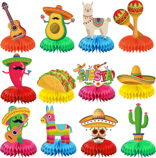 12 PCS Mexican Themed Honeycomb Centerpieces 8" Mexican Fiesta Party Table Centerpiece Cinco De Mayo Party Table Decorations for Taco Birthday Day of the Dead Decoration