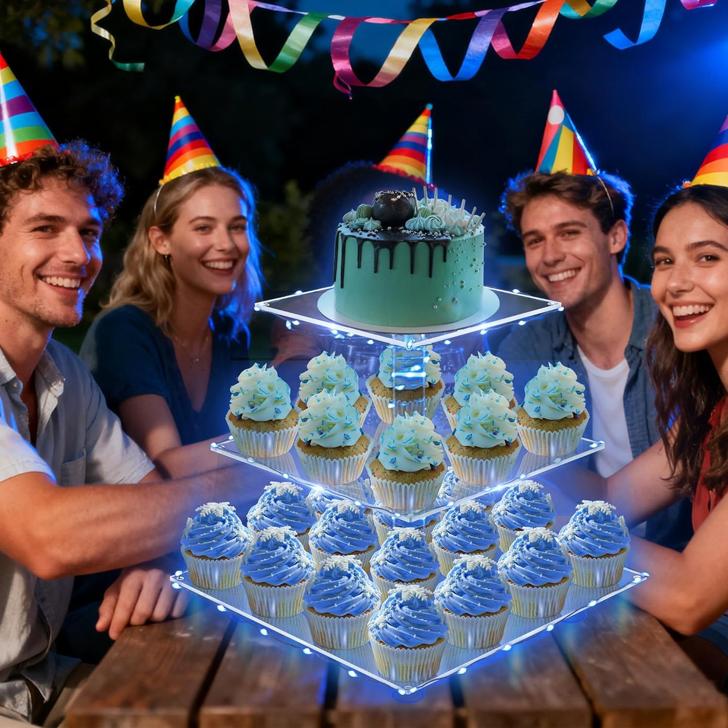 YestBuy Cupcake Stand with Yellow Led Lights, 4 Tier Cupcake Stand for 50 Cupcakes, Acrylic Cupcake Tower Stand, Clear Tiered Cupcake Holder for Birthday Cady Bar Décor Weddings, Parties Events