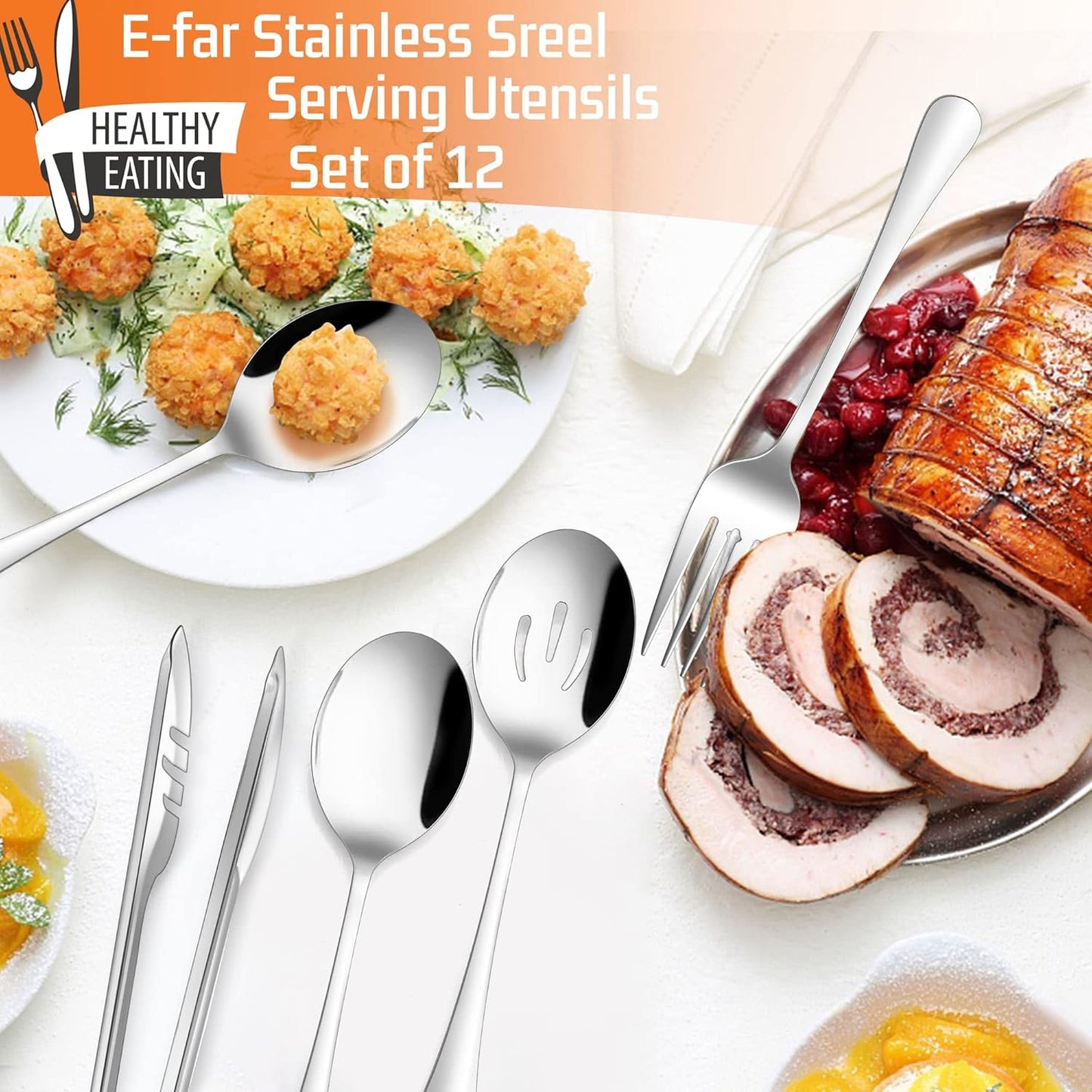 Large Black Serving Utensils Set of 12, E-far Stainless Steel 9.8 Inch Serving Spoons Slotted Spoon, 9.9 Inch Forks, 9.4 Inch Tong for Buffet Catering, Mirror Finish & Dishwasher Safe