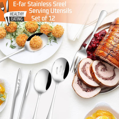 Large Black Serving Utensils Set of 12, E-far Stainless Steel 9.8 Inch Serving Spoons Slotted Spoon, 9.9 Inch Forks, 9.4 Inch Tong for Buffet Catering, Mirror Finish & Dishwasher Safe