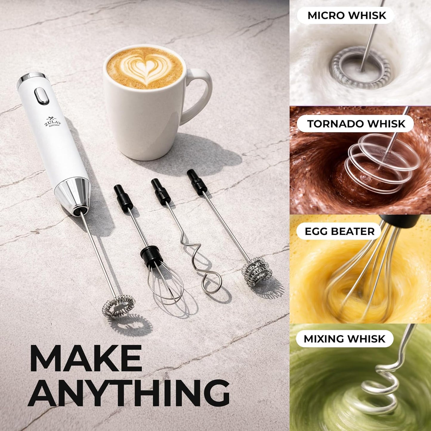 Zulay Kitchen Powerful Milk Frother Wand With Duracell Batteries - Ultra Fast Handheld Drink Mixer - Electric Whisk Foam Maker for Coffee, Lattes, Cappuccino & Matcha - Z1 Motor - Black - Colors A