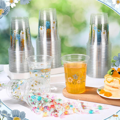 Hushee 60 Pcs Purple Floral Cups with Spring Summer Flower 16 oz Wildflowers Plastic Disposable Drinking Cups for Summer Spring Birthday Baby Shower Wedding Party Supplies