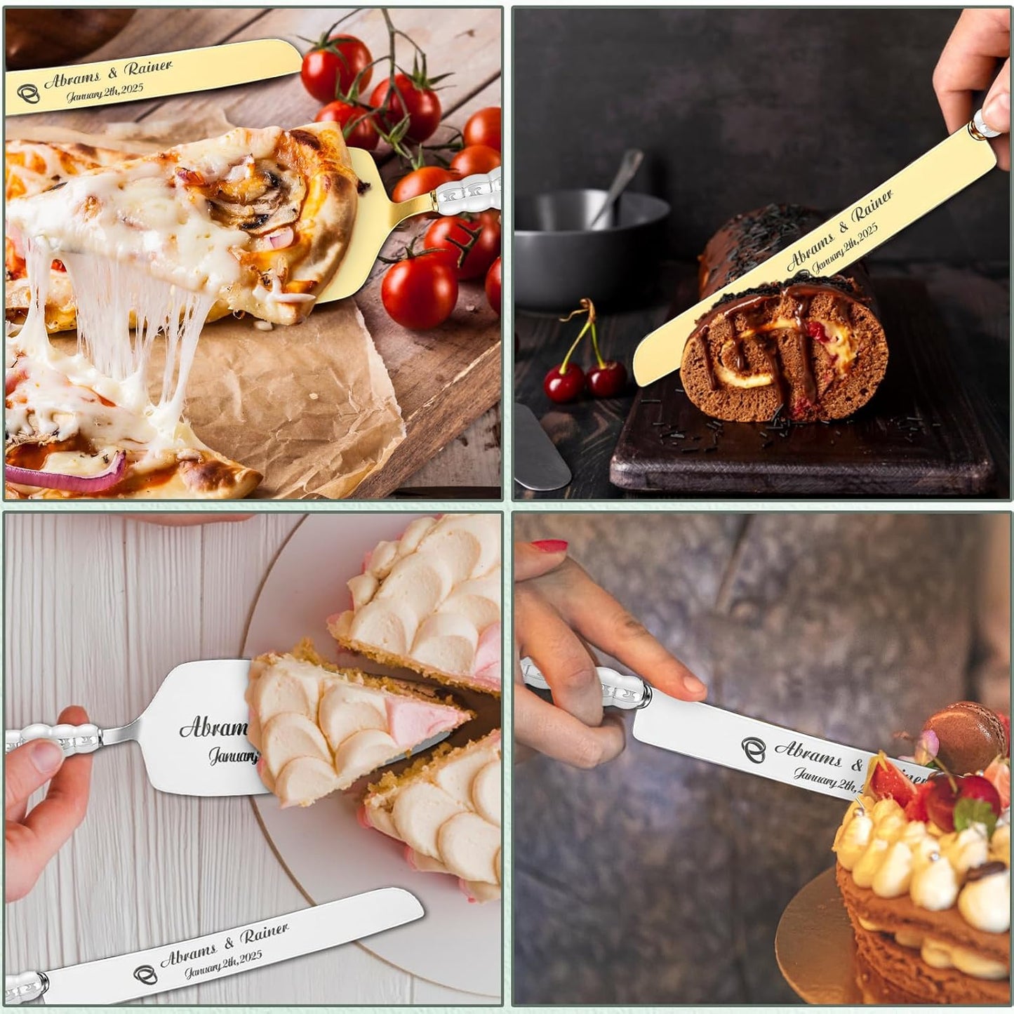 HJX Personalized Wedding Cake Knife and Server Set with Champagne Flutes, Custom Name Text Toasting Glasses for Bride and Groom, Cake Cutting Set Ideal Wedding Engagement Bridal Shower Gift