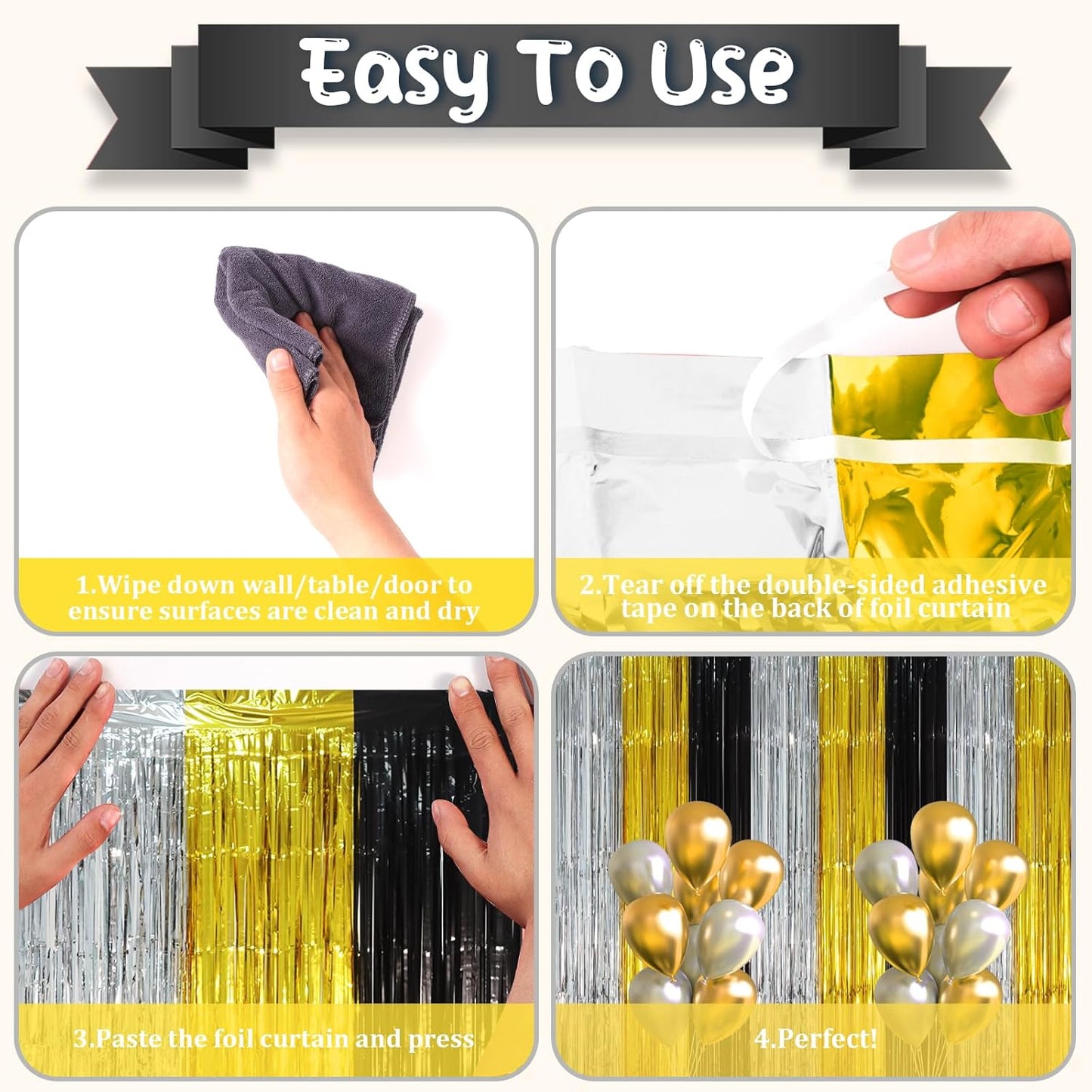 Voircoloria 3 Pack 3.3x8.2 Feet Gold Foil Fringe Backdrop Curtains, Tinsel Streamers, Fringe Backdrop for 2025 New Years Eve, Graduation, Birthday, Baby Shower, Gender Reveal, Disco Party - Colors A