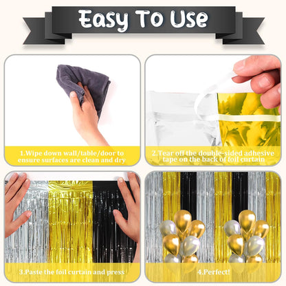 Voircoloria 3 Pack 3.3x8.2 Feet Gold Foil Fringe Backdrop Curtains, Tinsel Streamers, Fringe Backdrop for 2025 New Years Eve, Graduation, Birthday, Baby Shower, Gender Reveal, Disco Party - Colors A