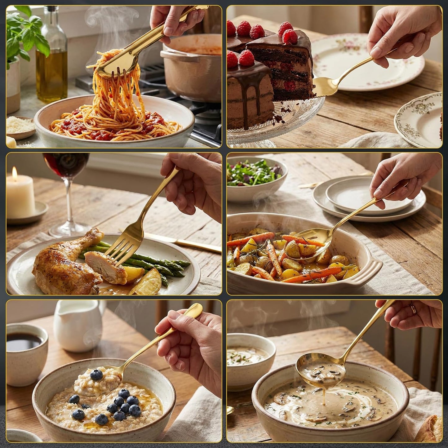 12 Pcs Gold Serving Utensils Set Include Stainless Steel Large Serving Spoons Slotted Spoons Forks Soup Ladle Pie Server - Metal Utensils for Parties Buffet Catering, Dishwasher Safe