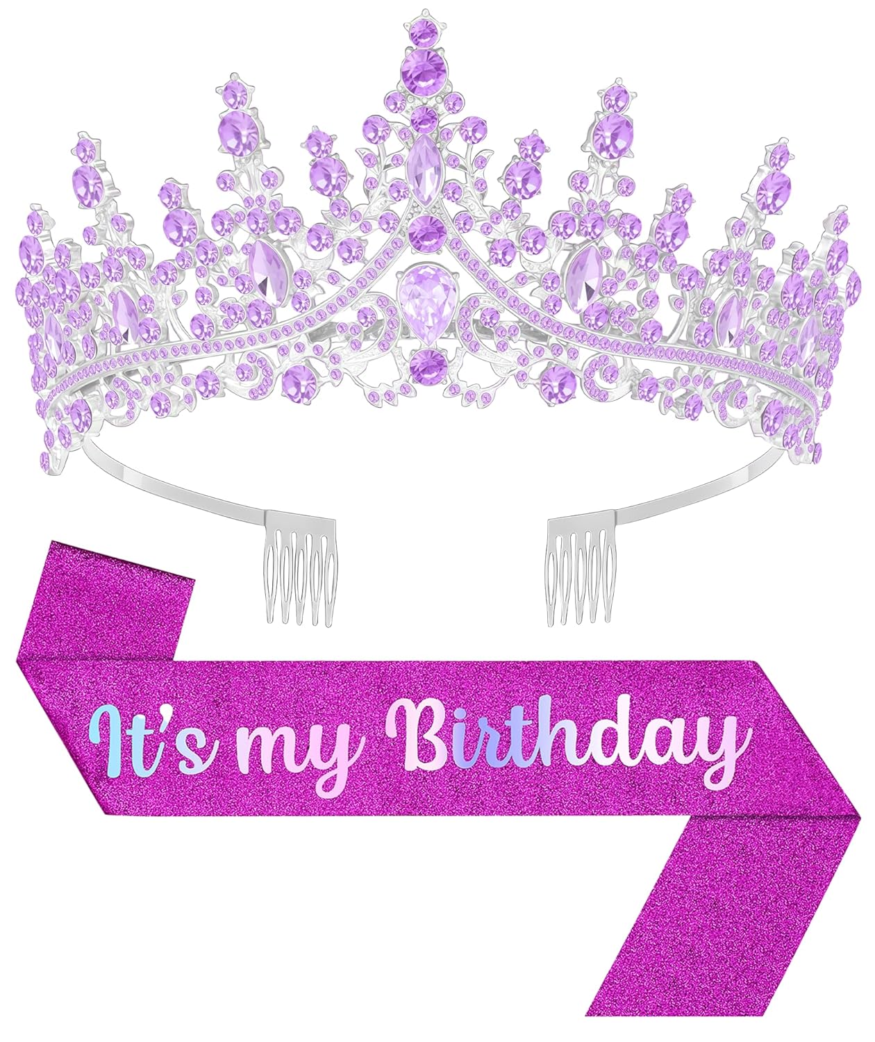 Birthday Tiara and Crown with Sash, Birthday Tiara for Women Party Silver