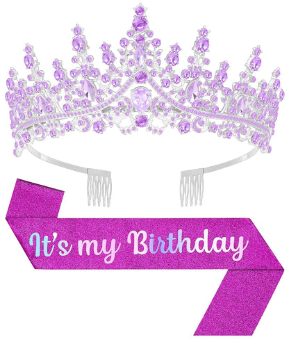 Birthday Tiara and Crown with Sash, Birthday Tiara for Women Party Silver