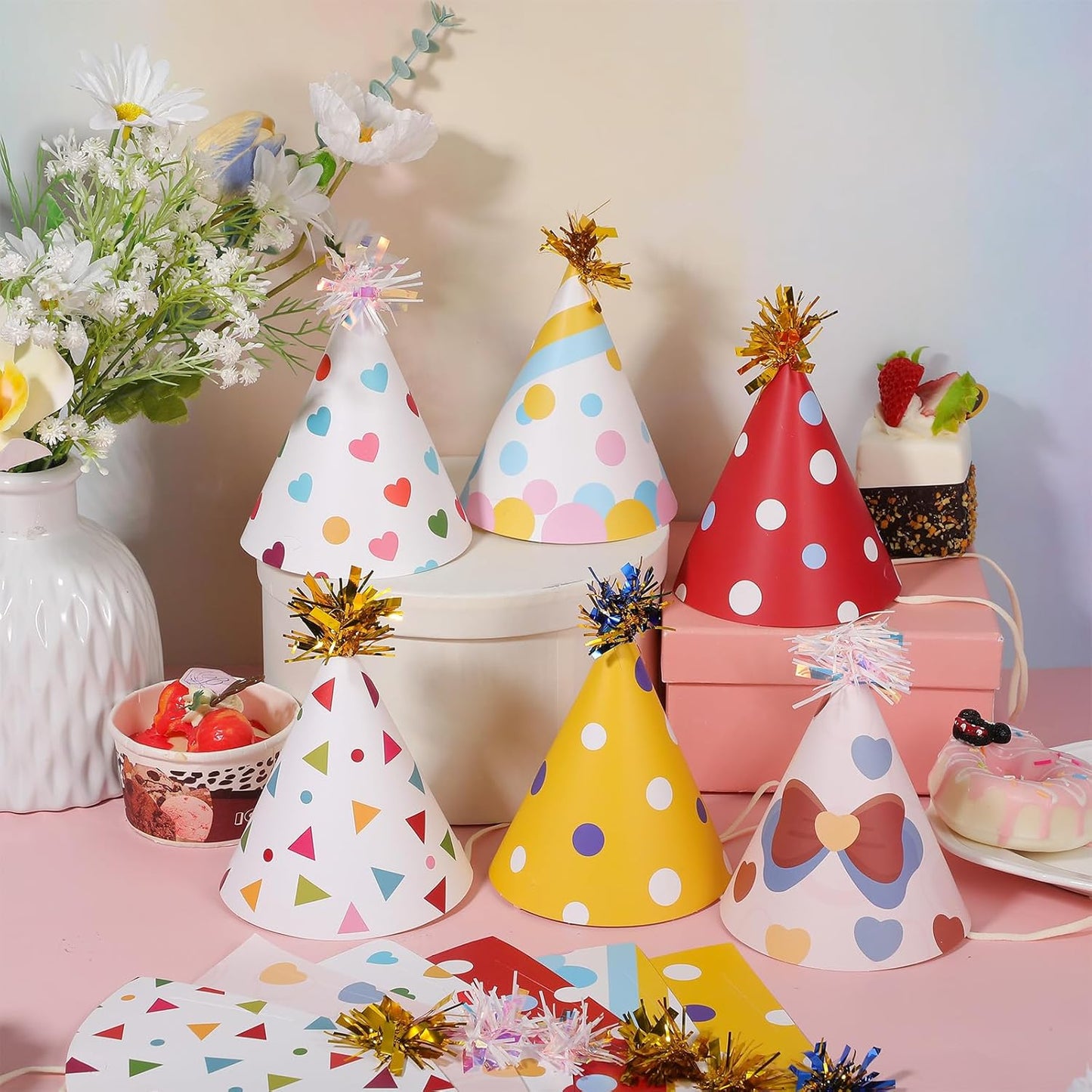 12 PCS Party Hats, Birthday Paper Cone Hat with Glitter Pompoms, Paper Party Headwear for Adults Kids Celebration