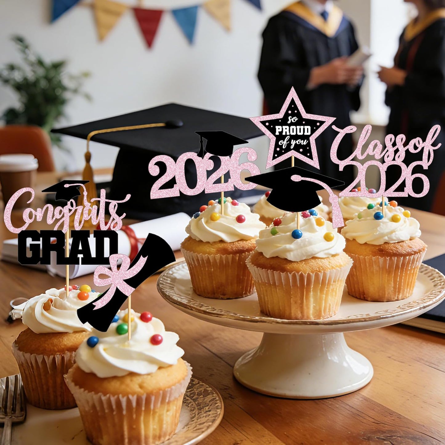 48 PCS Graduation Cupcake Toppers, Glittery 6 Styles Congrats Grad Cake Topper, Black and Red Graduation Decorations 2026, Cap and Diploma Cake Picks for Grad Party Supplies