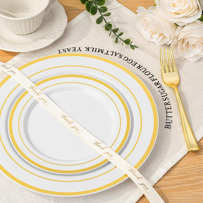 BESTVIP 350PCS Gold Plastic Dinnerware Set, Disposable Party Plates for 50 Guests, Include: 100 Plastic Plates, 50 Pre Rolled Napkins with Gold Silverware, 50 Cups